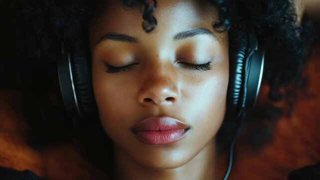 A woman in the foreground wearing headphones, listening or perhaps meditating.