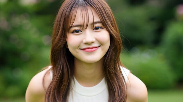 新緑を背景にキス顔をするチャーミングな日本人女性のアップ