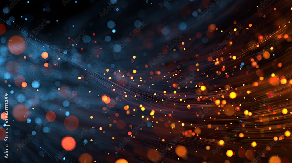 Poster vibrant bokeh particles swirl across a dark, flowing background creating a dynamic, energetic, and m