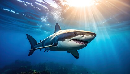 Fototapeta premium Great white shark swimming in the deep blue ocean.