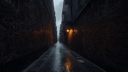 Fototapeta premium Dark urban alleyway with wet pavement and distant light
