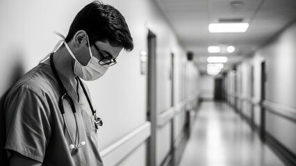 A stressed and exhausted doctor in a hospital hallway.
