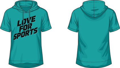 Short sleeve hoodie t-shirt flat sketch, sportswear vector CAD, activewear fashion template, &ldquo;Love For Sports&rdquo; print front and back view