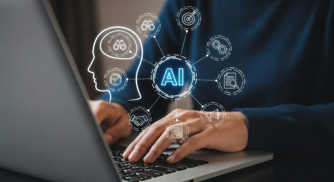  Person using a laptop with an AI graphic overlay. The graphic includes a head and the text "AI" surrounded by icons representing technology and innovation.| Futuristic Holographic Generative icon
