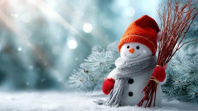 Smiling snowman in red hat and scarf holding twigs in snowy winter scene
