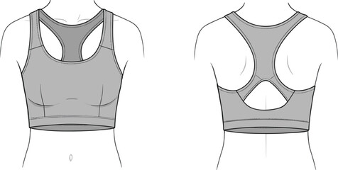Women’s racerback sports bra flat sketch, athletic activewear top design, workout crop bra, CAD fashion drawing, vector illustration, clothing design template © Moksedul Creative