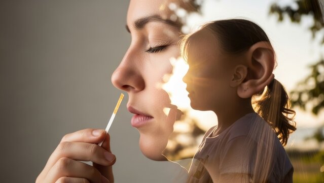 A double exposure portrait combining a woman smelling a perfume strip and a child in a sunlit field.