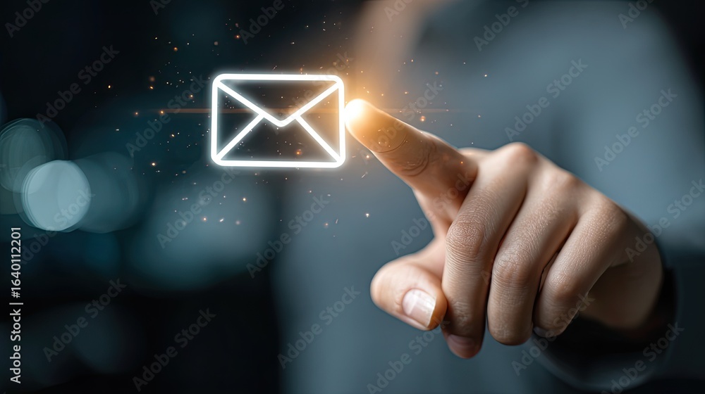 Poster digital communication concept a finger touching a glowing email icon symbolizing connection and mess