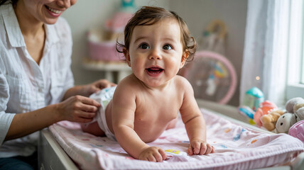Obraz premium Baby coos and giggles during a diaper change