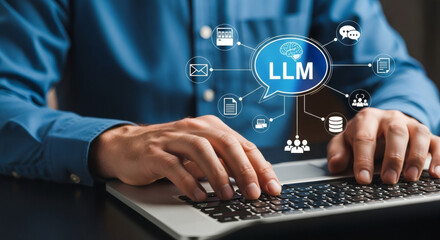  person is using a laptop with graphic overlays. "LLM" is written in a stylized head and data visualization. | Futuristic Holographic Generative icon