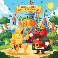 Animated illustration of a victorious tomato king and knight celebrating victory after a food battle.