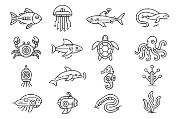 Seahorse aquatic mechanical scanner turtle probe squid icon robotic icons dorsal fish