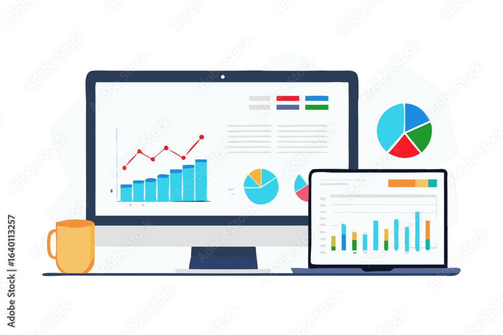 Poster digital dashboard displaying financial charts and graphs on computer screens with a coffee mug