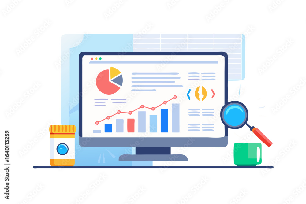 Poster digital marketing analytics and data visualization on computer screen with magnifying glass