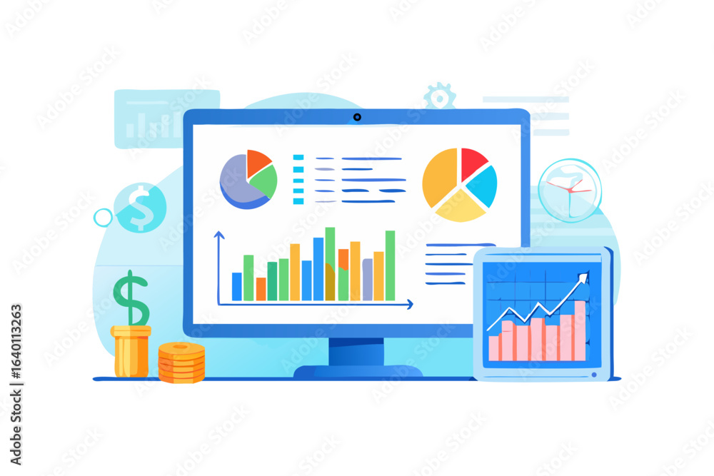 Poster digital financial analytics and business growth data displayed on computer and tablet screens