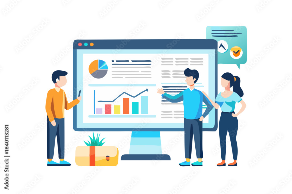 Poster team analyzing business growth charts and financial data on a large computer screen