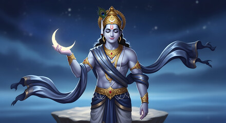 The hindu moon god Chandra Deva holding the crescent moon