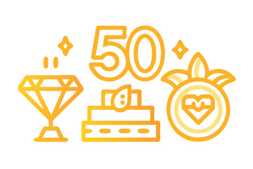 Golden celebration icons for 50th anniversary or milestone with diamond and cake