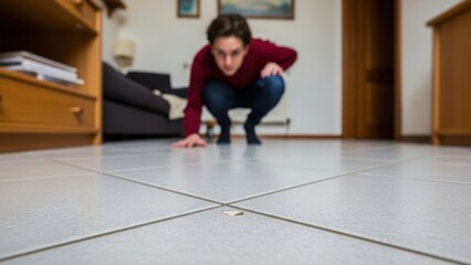 A person crouches to inspect a chipped tile on their living room floor.