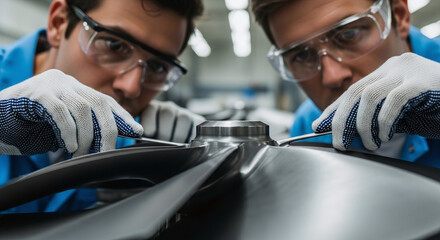 Two engineers in protective gear working together on a complex mechanical component