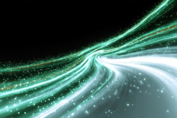 Abstract light trails with green and gray glowing lines forming a curving pattern