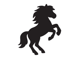 Black silhouette of pony and horse rearing up, isolated on white background. concept of equestrian, wild animal, stallion, mare, logo, icon, design element