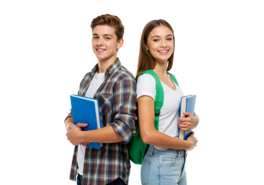 Portrait of a happy and confident young female student with a vibrant backpack and notebook, ready for education and learning, smiling brightly against a clean white background.