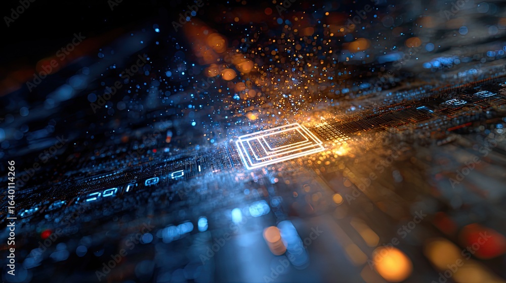 Poster dynamic digital circuit board pulses with glowing data streams and vibrant energy, symbolizing innov