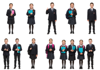 Diverse group of smiling young students in school uniforms holding books and backpacks, ready for learning