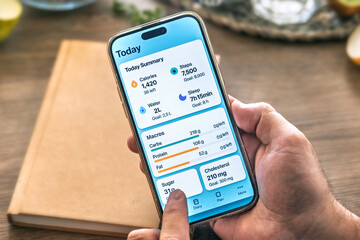 Close-up of a man's hands using a smartphone health app on a wooden table. Healthy lifestyle concept
