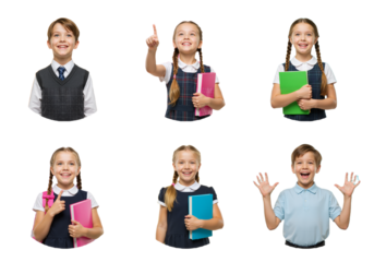 Diverse group of smiling school children in uniforms, holding books and backpacks, ready for academic success and learning adventures.