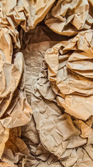 Crumpled brown kraft paper, top view. Natural paper texture for background, design and packaging.