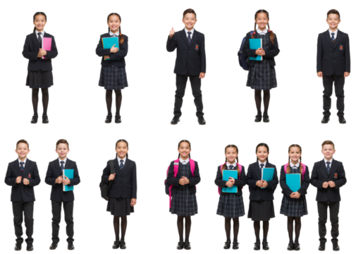 Diverse group of smiling young students in school uniforms holding books and backpacks, ready for learning