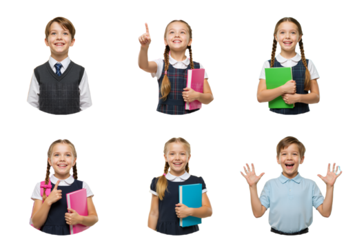 Diverse group of smiling school children in uniforms, holding books and backpacks, ready for academic success and learning adventures.