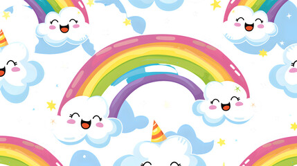 Rainbow and Cute Face Cloud Seamless Pattern for Creative Projects