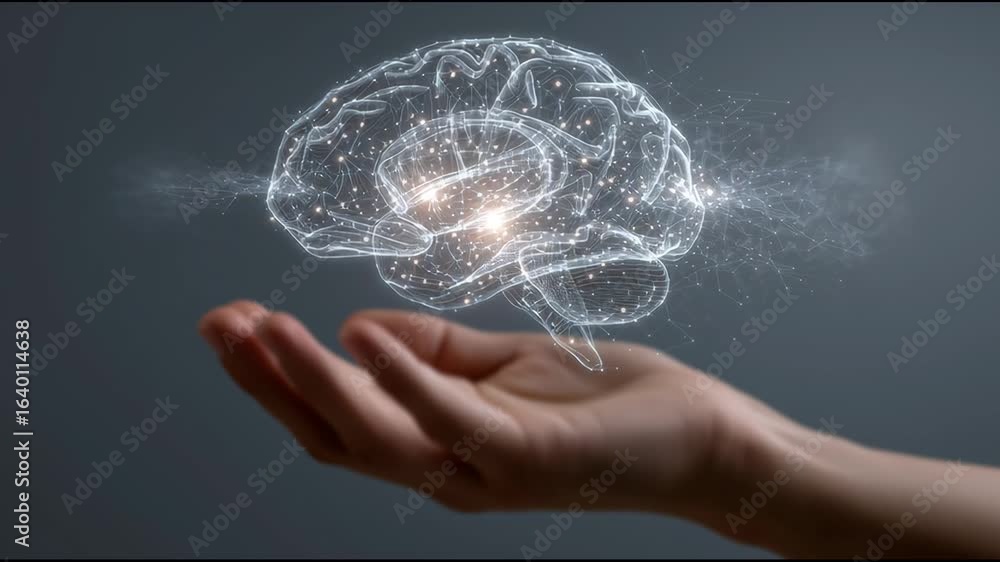 Poster exploring the connection between technology and human cognition with a digital brain model