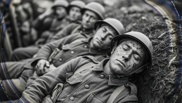Exhausted soldiers resting in a trench.