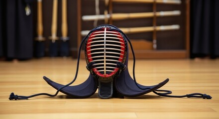 A traditional Kendo helmet, or men, rests on the polished wooden floor of a martial arts dojo.
