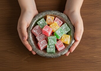 Fototapeta premium A child's hands tenderly offer a bowl of vibrantly colored Turkish delight candies