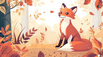 Whimsical Red Fox Cartoon with Delicate Natural Leaves Illustration