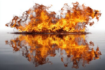 Fiery inferno engulfs the surface of water, creating a stunning reflection against a clean white backdrop, showcasing nature's raw energy