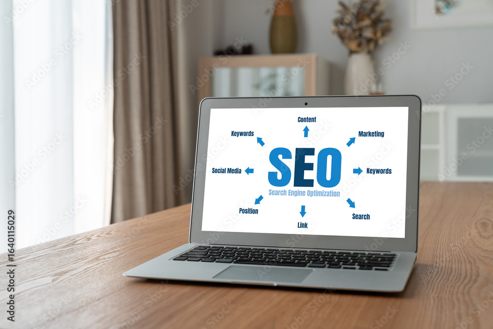 Poster seo search engine optimization for modish e-commerce and online retail business showing on computer 