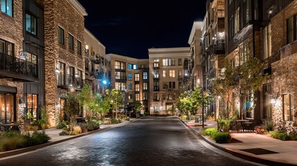 Experience luxury urban living with this stunning modern apartment complex illuminated at night, showcasing elegant architecture and inviting streetscapes perfect for real estate marketing.