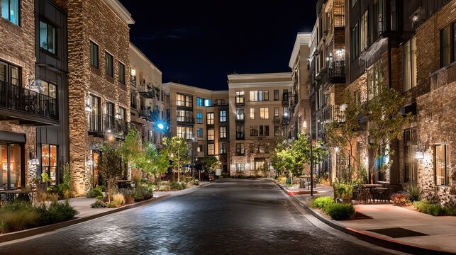 Experience luxury urban living with this stunning modern apartment complex illuminated at night, showcasing elegant architecture and inviting streetscapes perfect for real estate marketing.