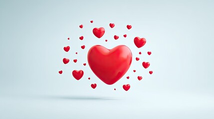 Vibrant red hearts float dynamically in a clean, airy studio creating a joyful and romantic atmosphere perfect for celebrations and expressions of love