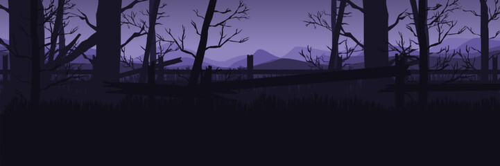 Mysterious landscape for product placement. Fantasy game background with purple mountains and a haunted forest scene.