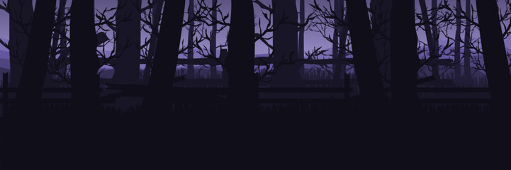 Cinematic horror scene for commercial use. Dark purple forest panorama with copy space for advertising or movie titles.