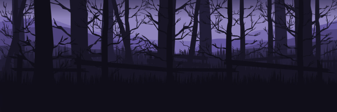 Spooky purple forest template for social media. Halloween horror background for a digital marketing campaign or post.