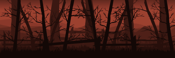 Digital marketing background for a terrifying Halloween event. Ominous red forest for a social media teaser campaign.
