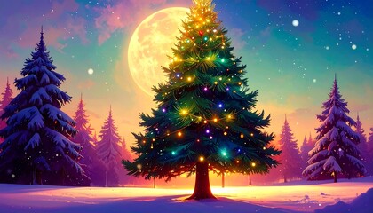 Festive christmas tree moonlight forest